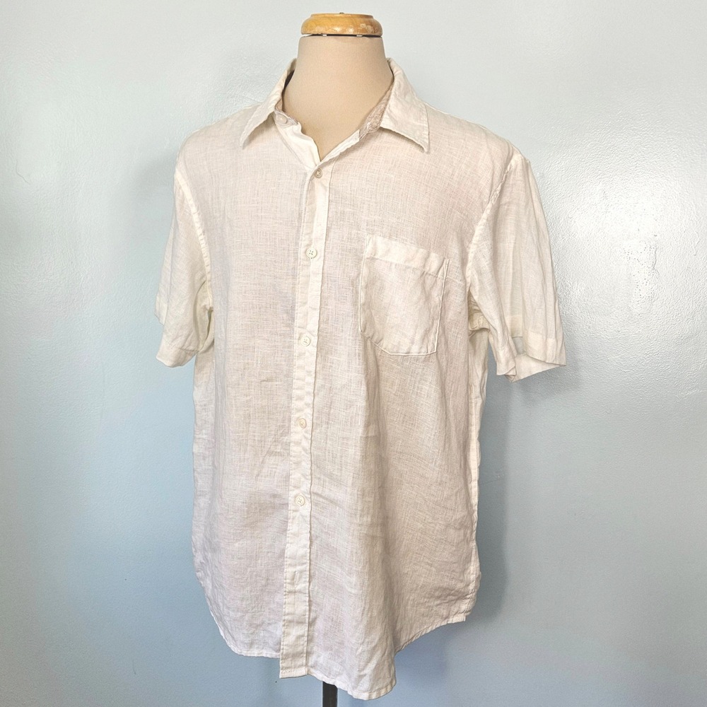 Panama Jack Mens XL Off White 100% Linen Short Sleeve Button Down Shirt Pocket